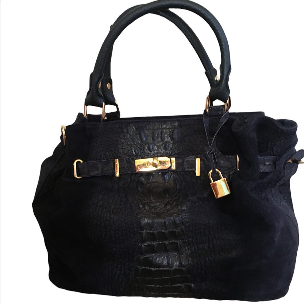 Mia Tomazsi  Navy Suede Croc Print  Leather Bag Large Made In Italy